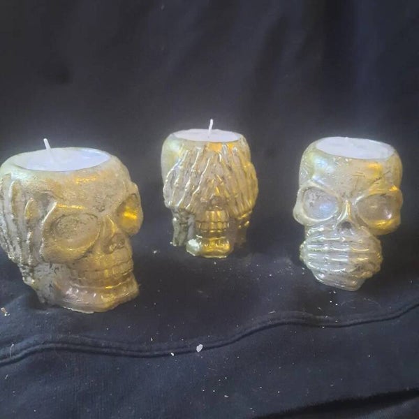 skull kaarsen horen zien en zwijgen  goud/zwart