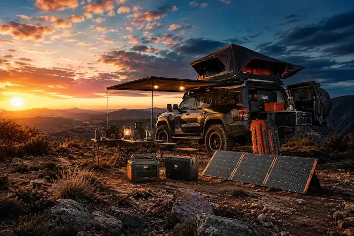 outbax portable power stations, solar panels, and outdoor camping gear, ideal for off-grid caravanning and 4WD adventure setups.