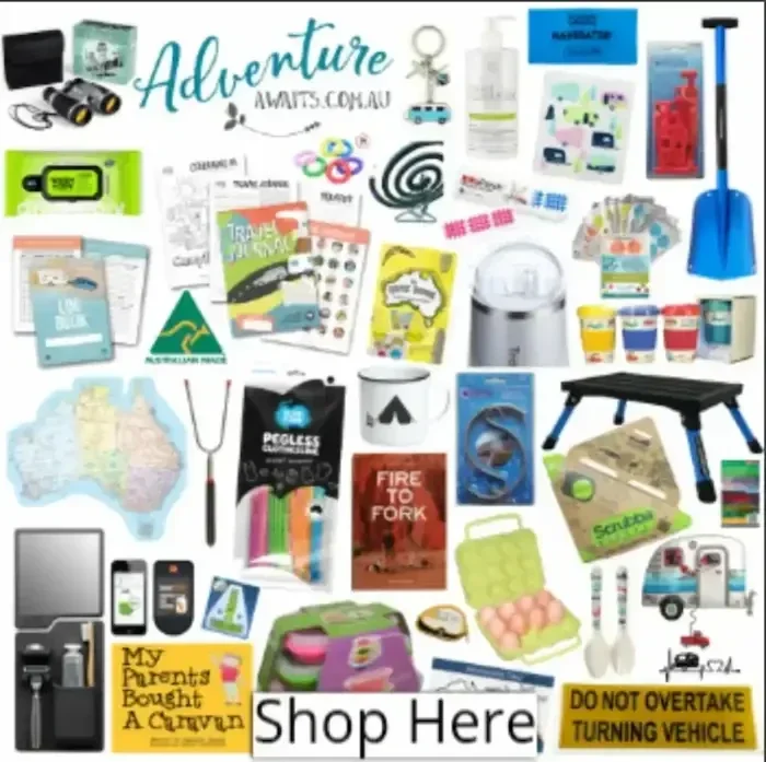 Adventure Awaits store: Collage of caravan and camping travel gear items.