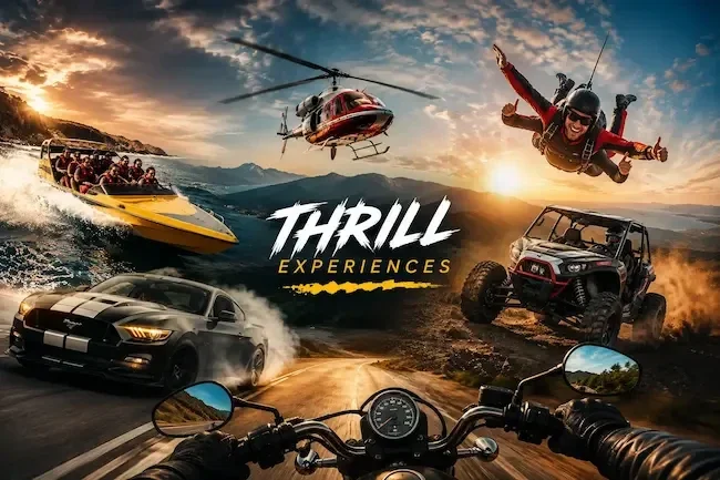 banner for Thrill Experiences showcasing adventure activities like jet boating, skydiving, off-roading, and sports car driving.