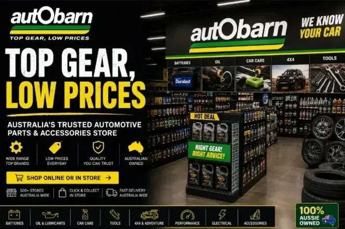 autobarn automotive parts and accessories store, featuring 4WD gear, car care products, tools, and maintenance essentials for camping and touring vehicles.