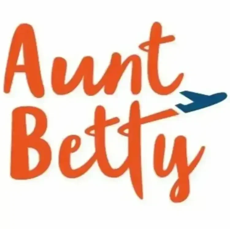 Aunt Betty brand logo featuring a stylized airplane, used for searching and booking cheap flights for travel adventures.