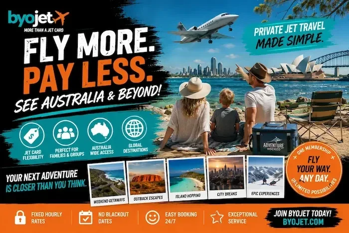 Byojet private jet travel and family adventure banner for Australian destinations