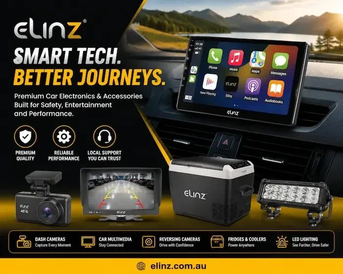 elinz automotive electronics and camping gear, including dash cameras, reversing cameras, portable fridge coolers, and LED lighting for 4WD and caravanning adventures.
