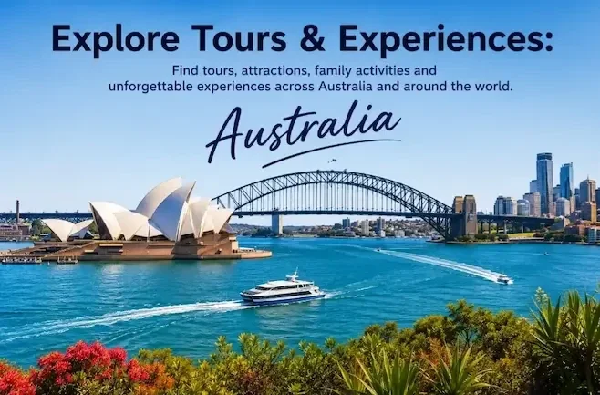 Banner for KKday featuring the Sydney Opera House and Harbour Bridge, showcasing travel tours, attractions, and family activities across Australia.