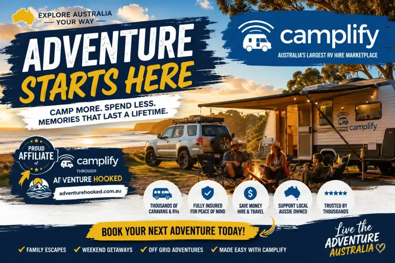 adventure hooked promotional banner for Camplify caravan and campervan hire, featuring a 4WD and caravan setup at a scenic beach campsite for Australian off-grid family adventures