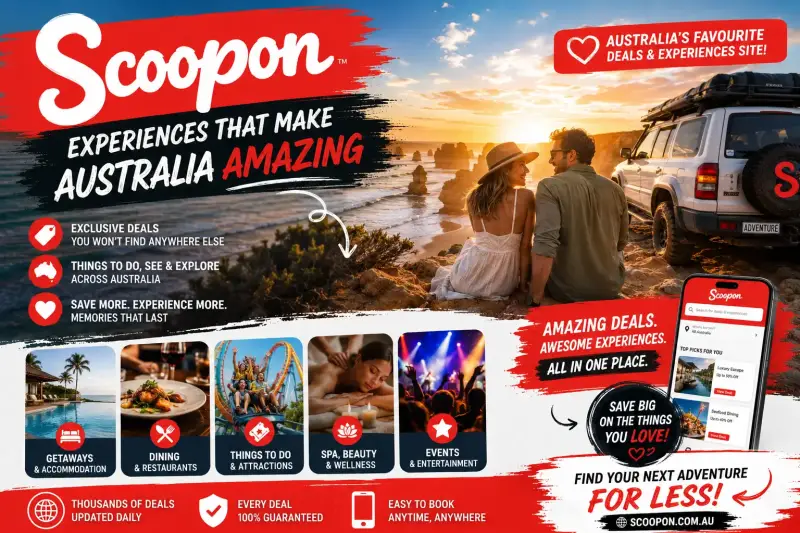 Scoopon Australia promotional banner showing deals on getaways, dining, attractions, and holidays.