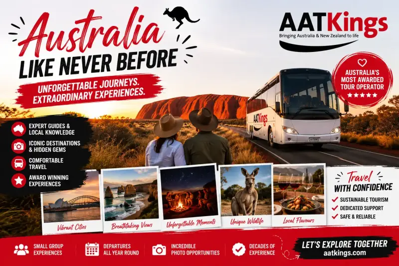 AAT Kings guided tours Australia banner showing Uluru, travel coach, and iconic Australian destinations.