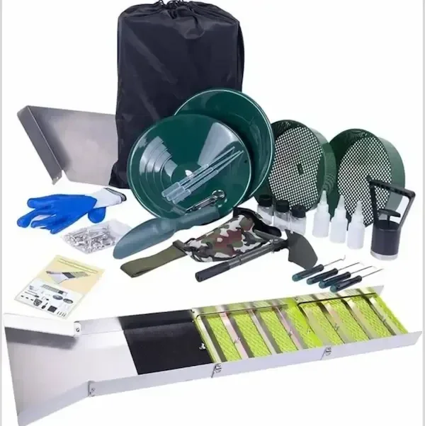 Complete 27-piece gold prospecting kit including folding sluice box, gold pans, and essential recovery tools.