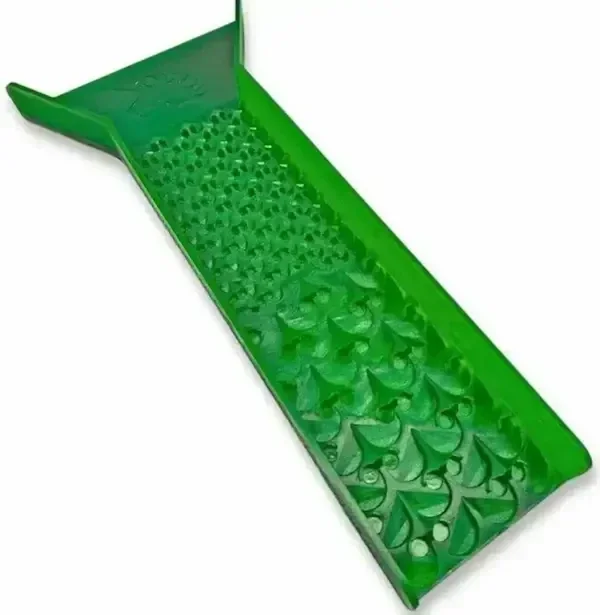 Green 3-stage gold sluice box with vortex matting for gold prospecting.