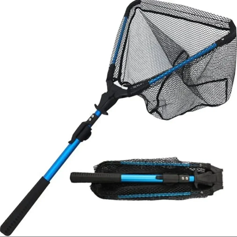 compact, foldable fishing landing net with a lightweight aluminum handle, perfect for portable tackle bags and easy storage during fishing trips.