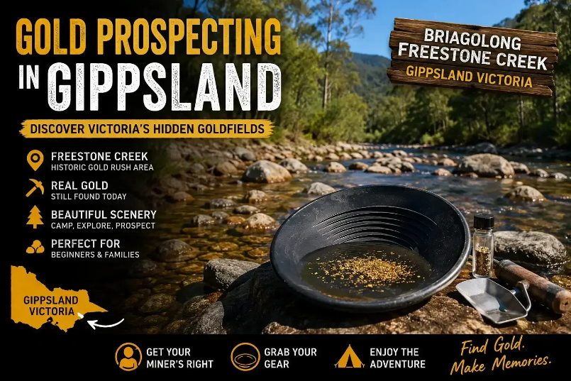 Gold prospecting in Gippsland banner featuring a gold pan with flakes, Freestone Creek, and Victorian goldfields map.