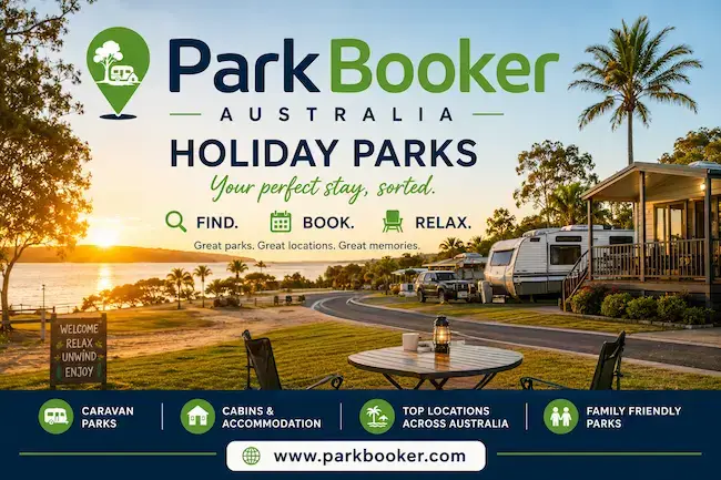 Park Booker Australia promotional banner with the tagline "Holiday Parks - Your perfect stay, sorted" featuring a campsite next to a lake at sunset.
