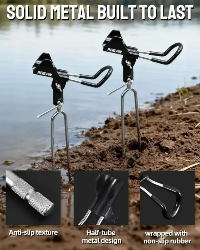 REELFIN all-metal fishing rod holders for rivers, lakes, and shorelines, featuring anti-slip texture and protective rubber coating for secure, hands-free fishing.