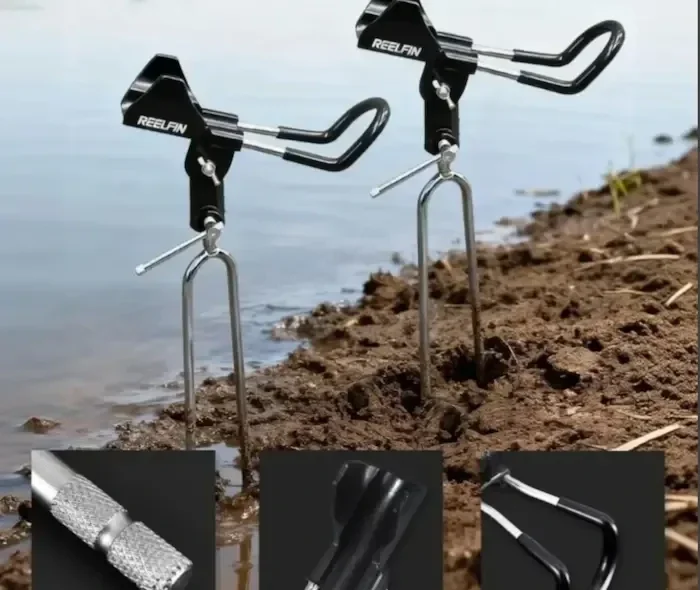close up of REELFIN metal rod holders set up for a fishing session.