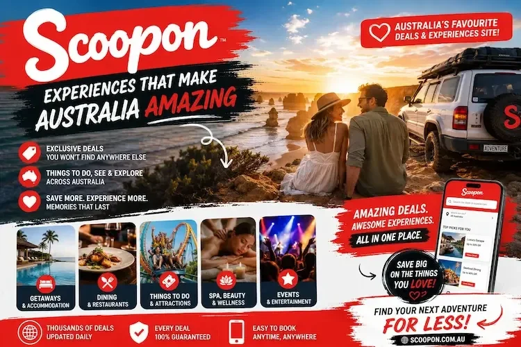 Scoopon Australia promotional banner showing deals on getaways, dining, attractions, and holidays.