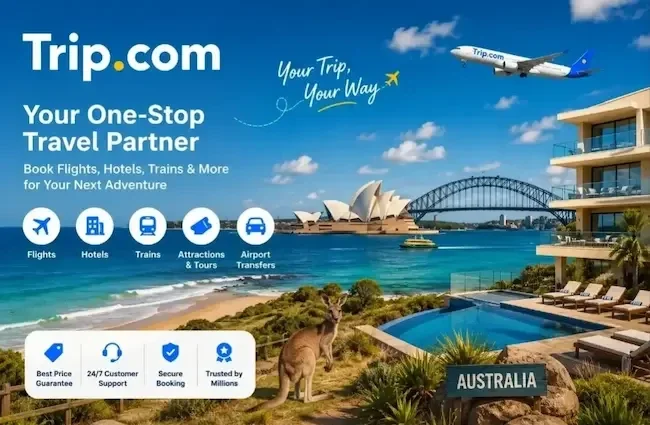 banner for Trip.com featuring the Sydney Opera House and Harbour Bridge, showcasing booking options for flights, hotels, trains, and attractions in Australia.