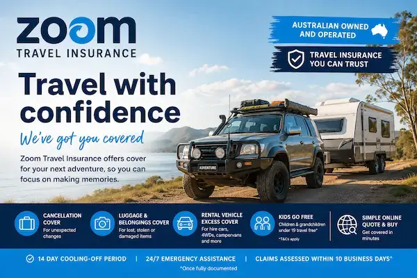 Zoom Travel Insurance banner showing a 4WD and caravan for an Australian road trip with cancellation cover, luggage protection, and rental vehicle excess cover.