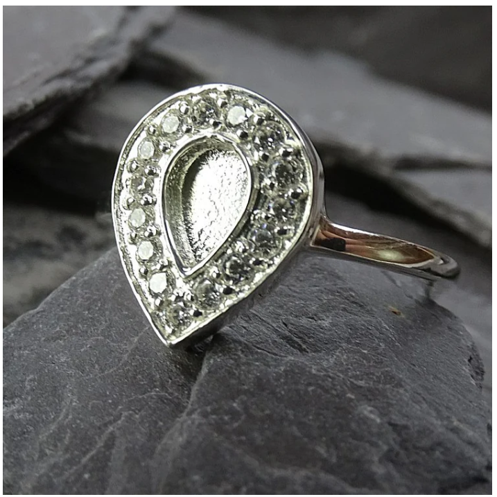 Solid Silver Tear Drop Ring Blank With CZ