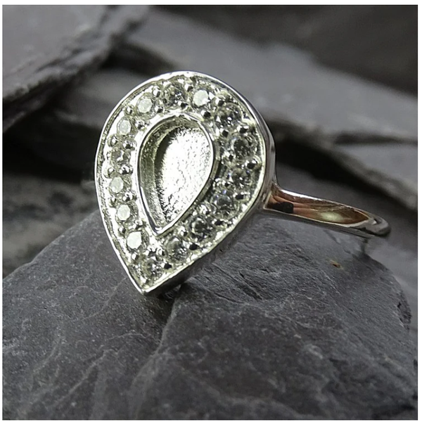 Solid Silver Tear Drop Ring Blank With CZ