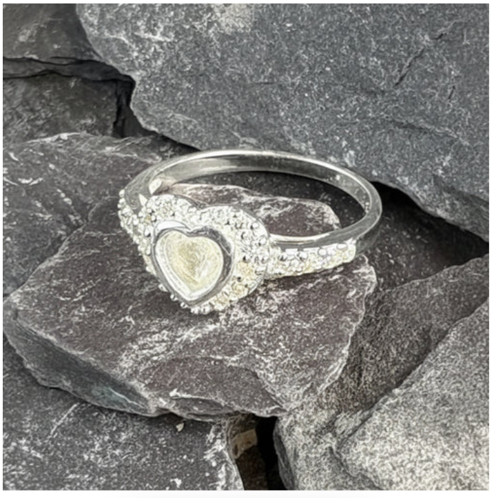 Solid Silver CZ ring setting with heart shaped setting area for resin