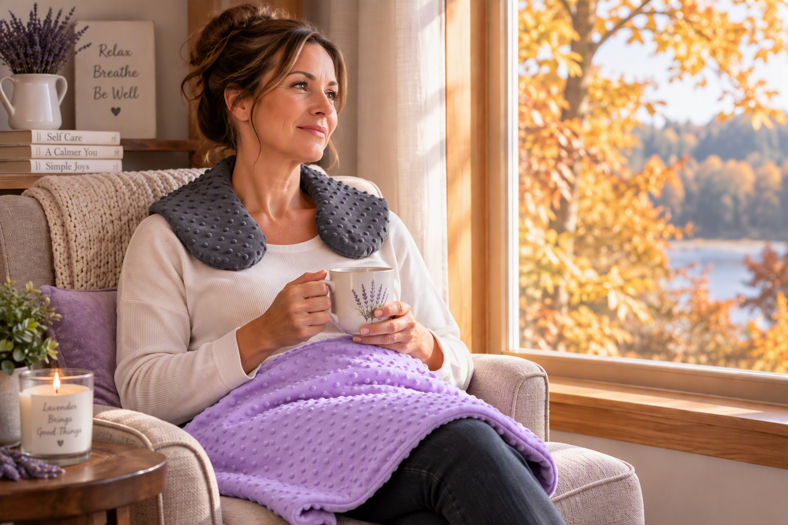 woman with neck wrap around shoulders and spa blanket on lap while holding mug