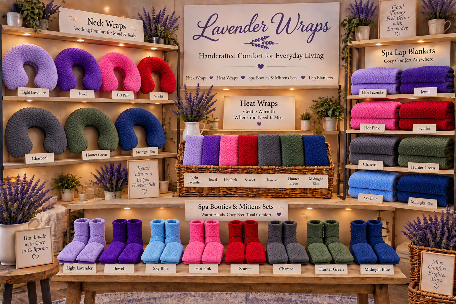 Lavender Wraps storefront showcasing products in colorful fabrics