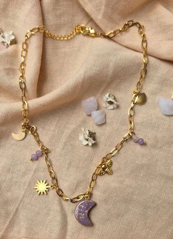 Bedel ketting met handgemaakte kermaiek bedel- Moon face lila