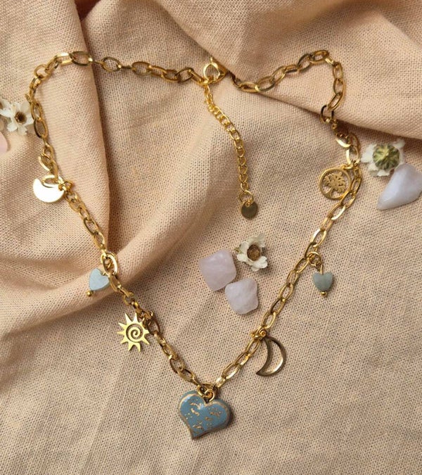 Bedel ketting met handgemaakte kermaiek bedel- Heart green