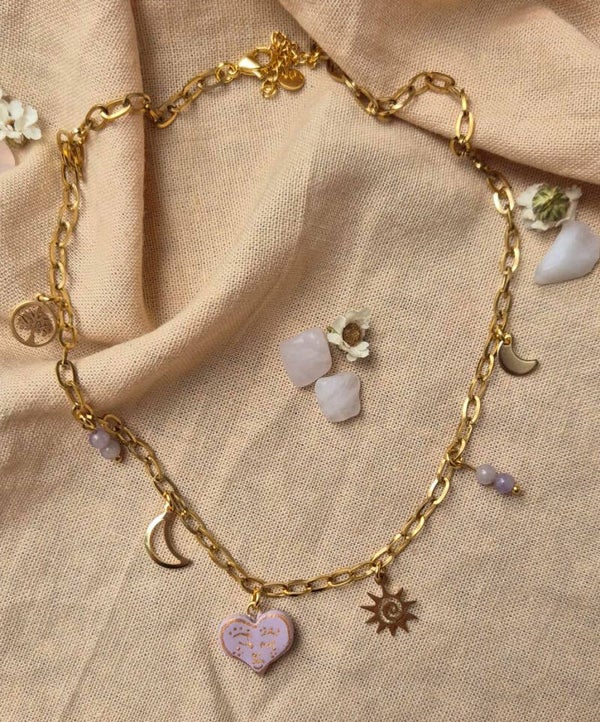 Bedel ketting met handgemaakte kermaiek bedel- Heart pink