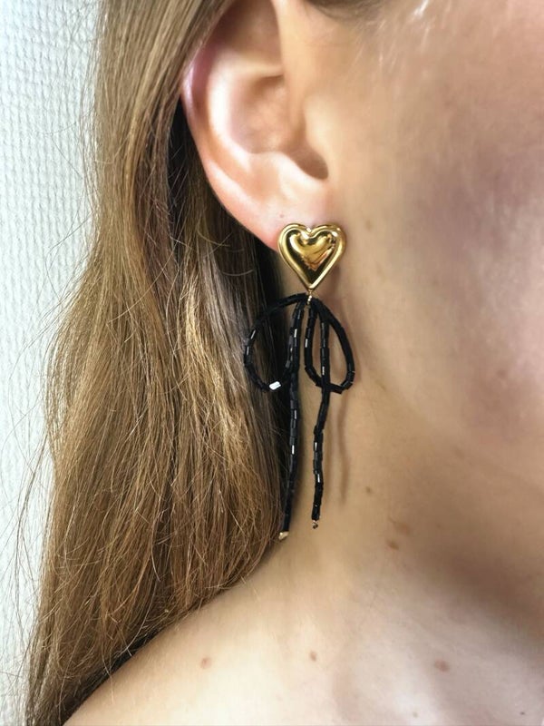 Oorbellen bow to my heart - Zwart goud