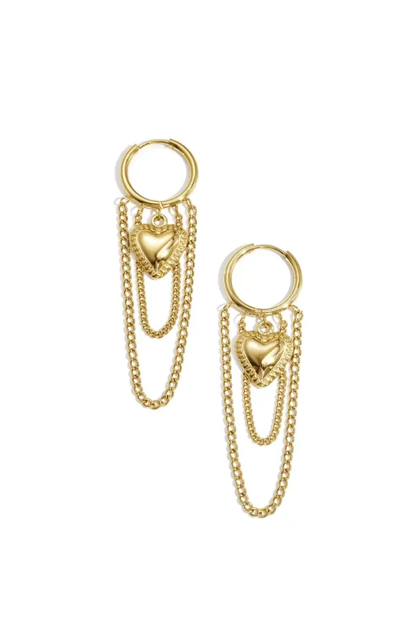 Hoop Earrings With Hanging Chains And Heart
