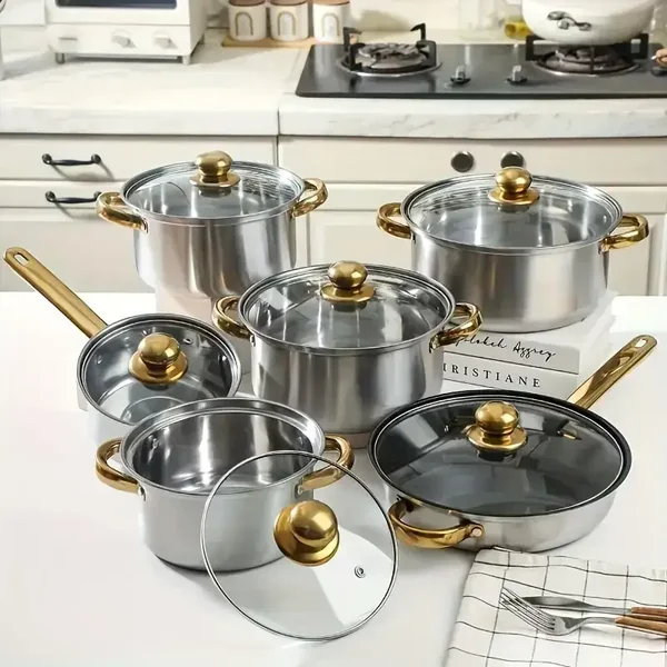 6 Pezzi Set Professionale di Pentole in Acciaio Inossidabile con Coperchi Dorati e Padelle Resistenti al Calore - Compatibile su Induzione/Elettrico/Fornello, Penti Robuste per Tutti i Tipi di Piastre Vetroceramiche o a Gas, Confezione Multi-Dimensionata