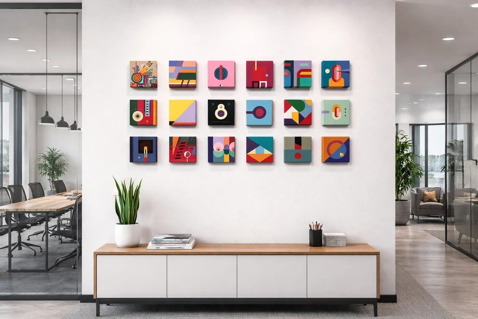 wand met geometrisme kunst op canvas, kunstenaar Antwan Hoedemakers