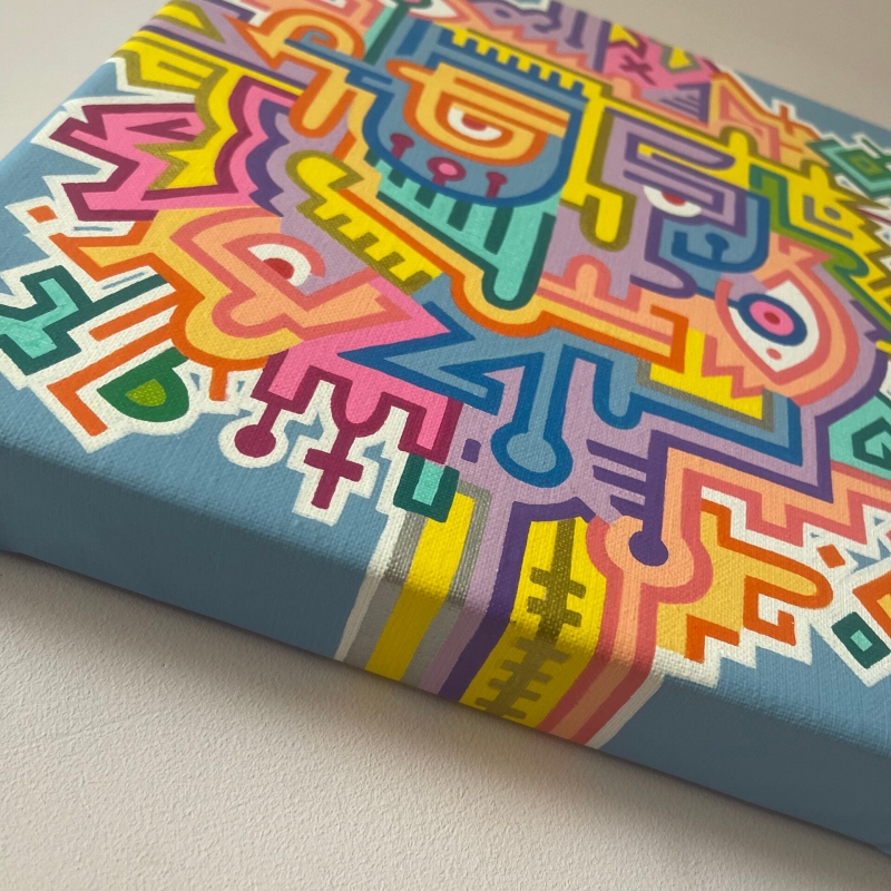 kunstwerk van kunstenaar Antwan Hoedemakers, kleurrijk werk in doodle-art stijl