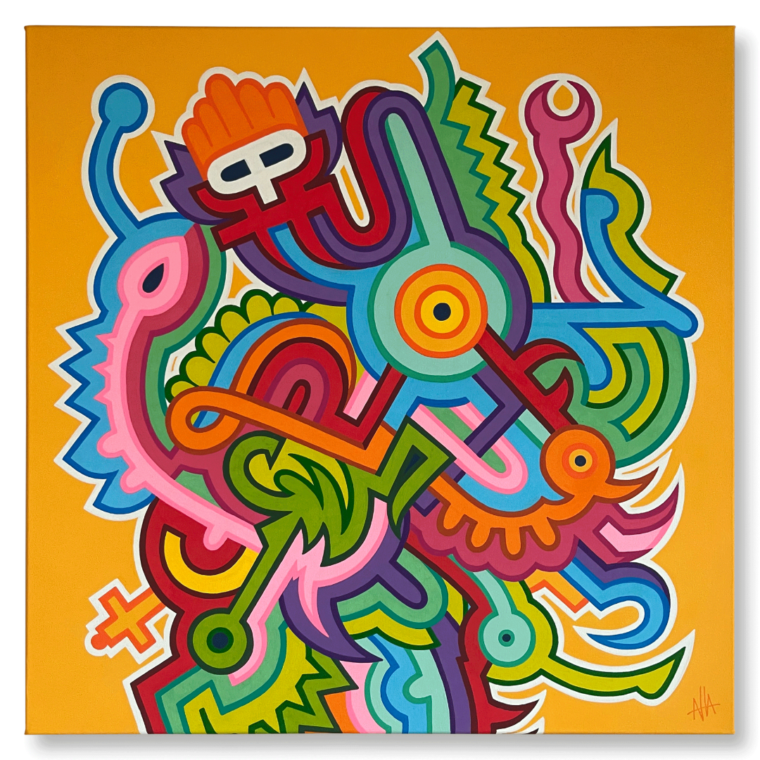 kleurrijk werk van kunstenaar Antwan Hoedemakers. Abstracte vormen waar je afhankelijk van je eigen verbeeldingskracht verschillende wezens kunt ontdekken