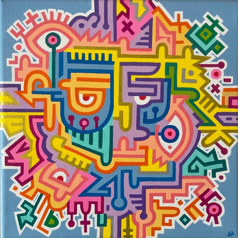 kunstwerk van kunstenaar Antwan Hoedemakers, kleurrijk werk in doodle-art stijl