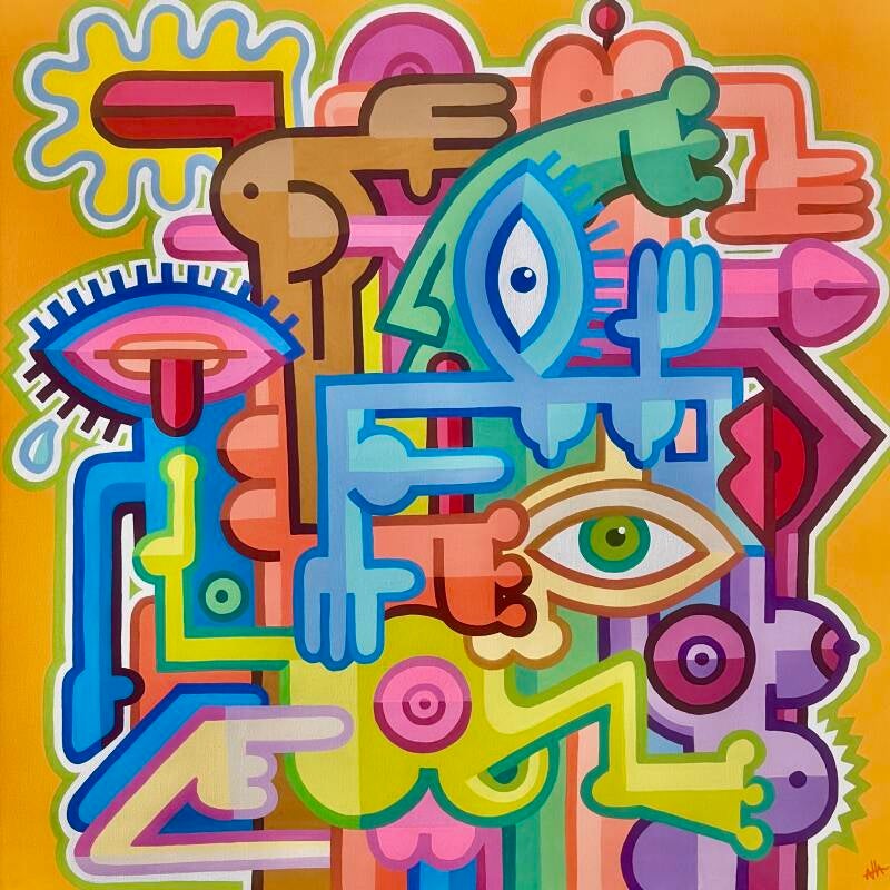 kunstwerk van kunstenaar Antwan Hoedemakers, kleurrijk werk in doodle-art stijl
