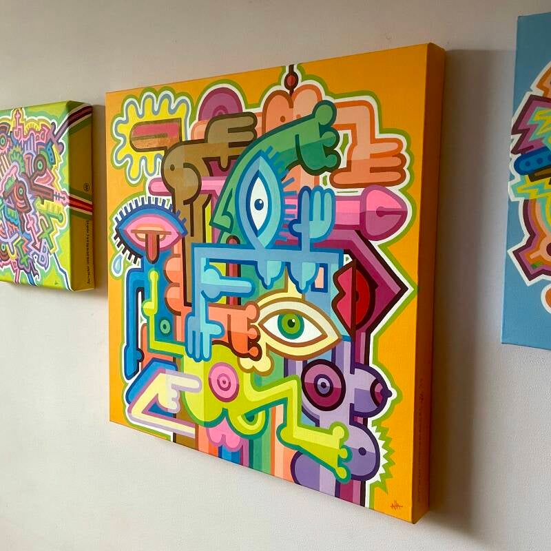 kunstwerk van kunstenaar Antwan Hoedemakers, kleurrijk werk in doodle-art stijl