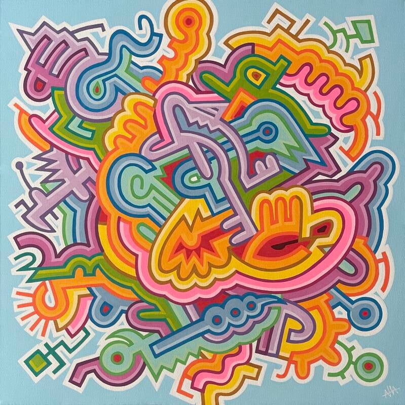 kunstwerk van kunstenaar Antwan Hoedemakers, kleurrijk werk in doodle-art stijl