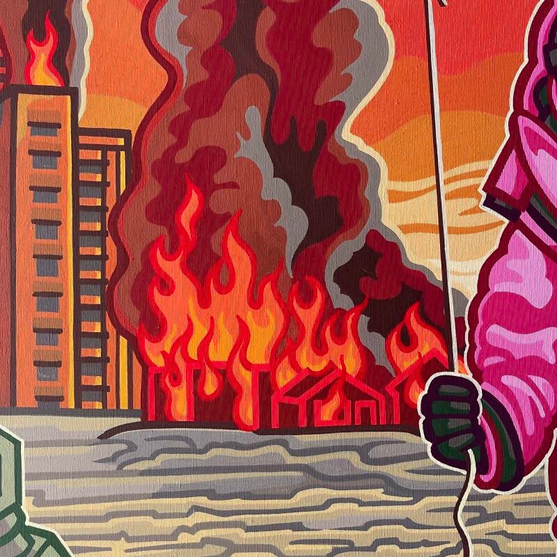 Brandende gebouwen. Detail van het kunstwerk A walk in the park. Maker Antwan Hoedemakers