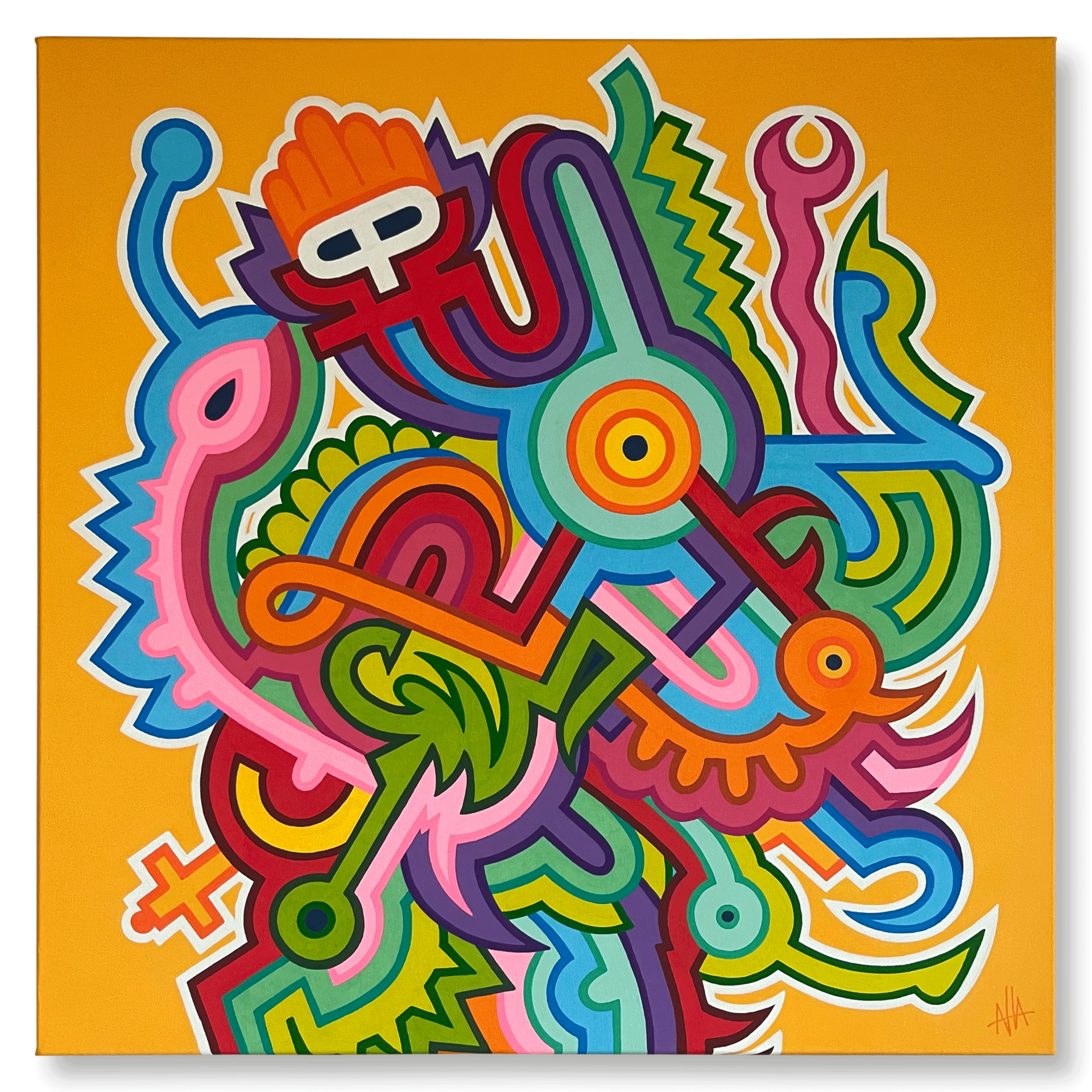 kleurrijk werk van kunstenaar Antwan Hoedemakers. Abstracte vormen waar je afhankelijk van je eigen verbeeldingskracht verschillende wezens kunt ontdekken