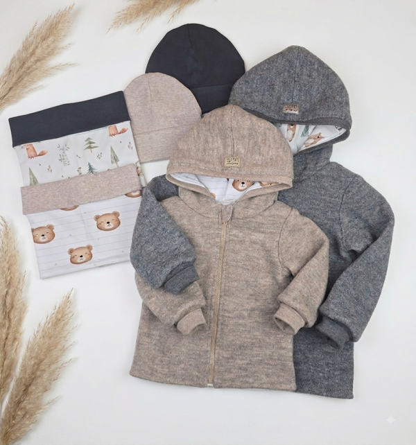 2x Walkjacke im Set mit Loop. Beanie und Stirnband Gr. 86 und 98+