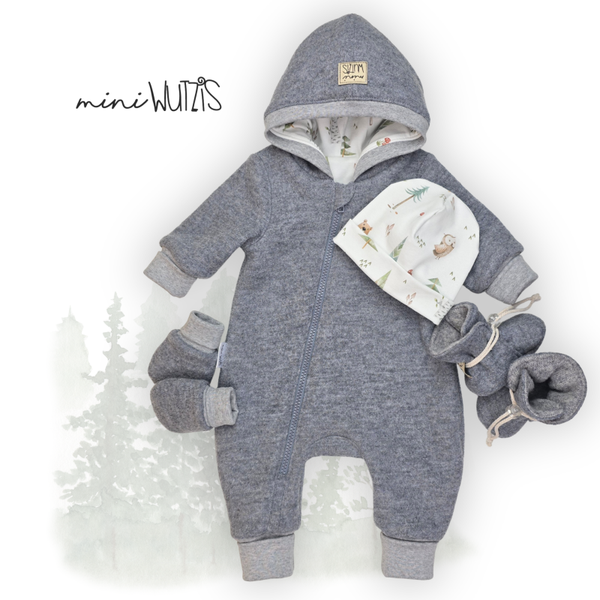 Newborn Merinowalk Overall im Set mit Merinopuschen, Fäustlinge und Beanie