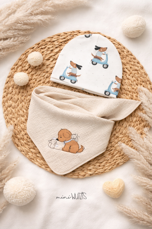 Beanie und Musselintuch mit Stickmotiv