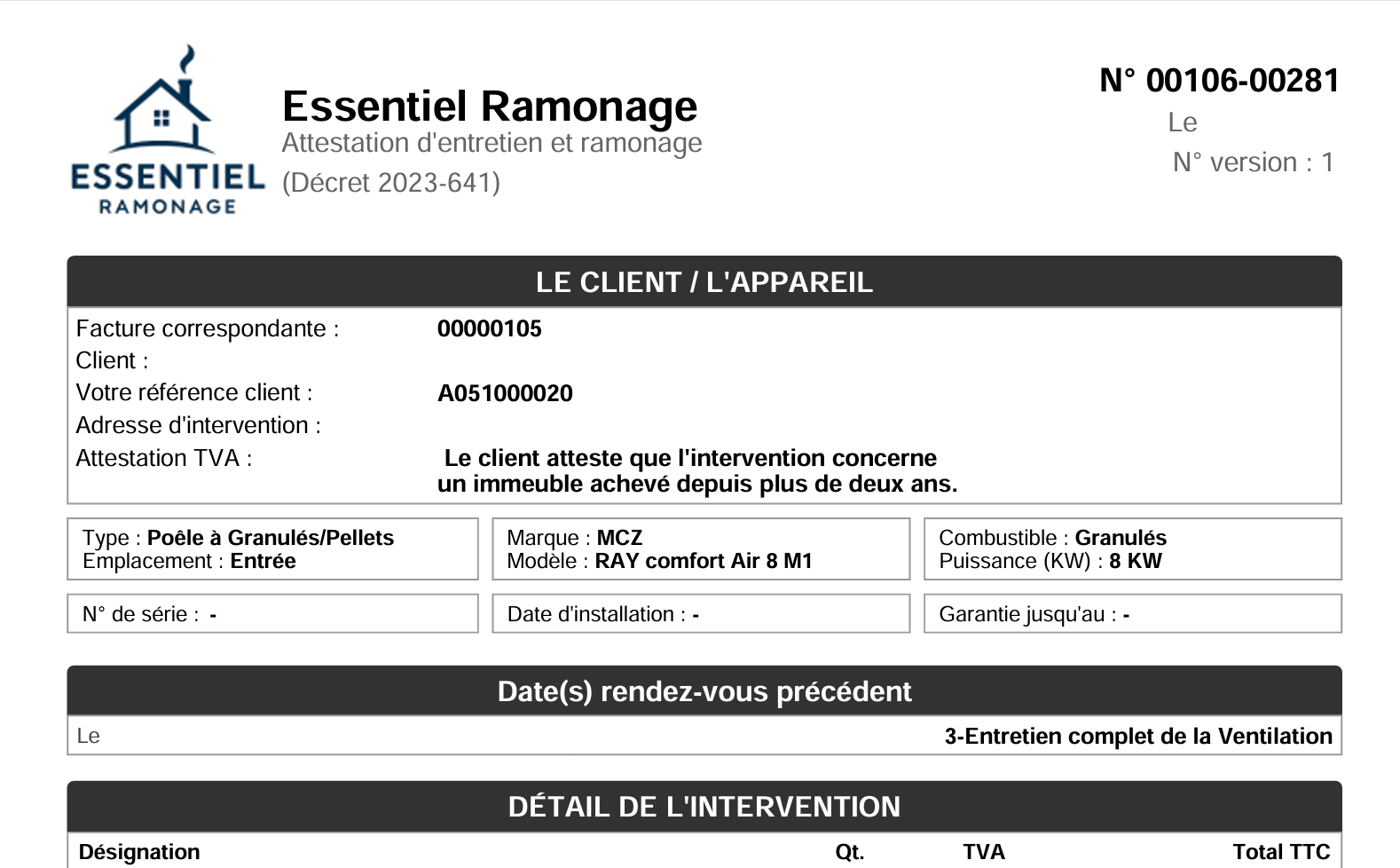 Certificat de ramonage Essentiel Ramonage