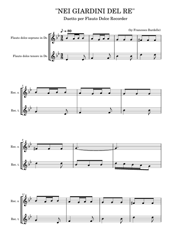 "NEI GIARDINI DEL RE" - Duetto per Flauto dolce soprano e tenore (2 pagine, formato A4)