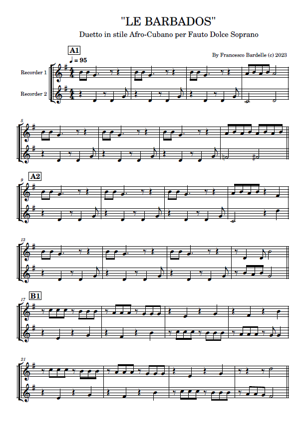 "LE BARBADOS" - duetto didattico per Flauto dolce soprano convertibile per altri strumenti (2 pagine, formato A4)
