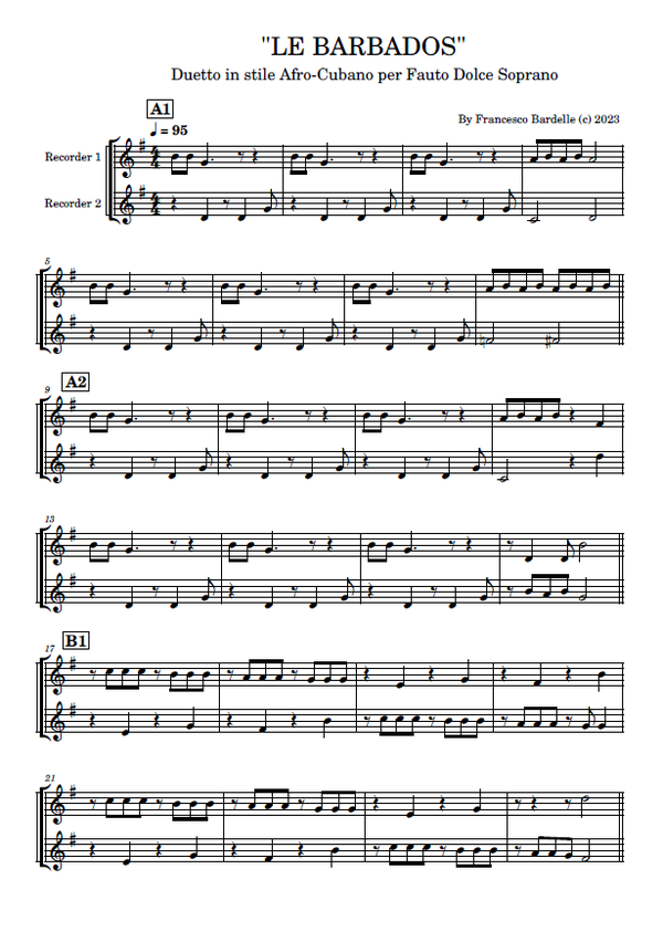 "LE BARBADOS" - duetto didattico per Flauto dolce soprano convertibile per altri strumenti (2 pagine, formato A4)