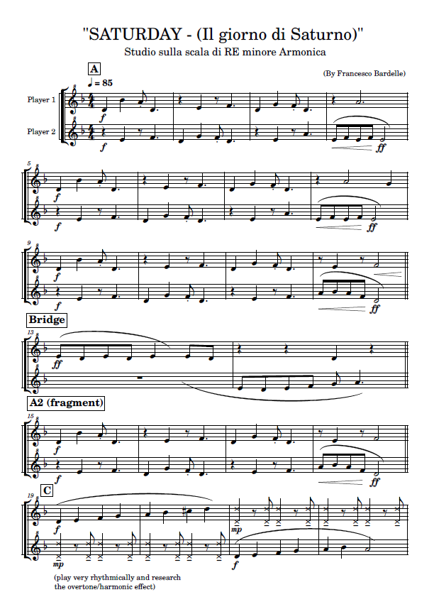 "SATURDAY" - duetto didattico per Flauto dolce soprano convertibile ad altri strumenti (2 pagine, formato A4)